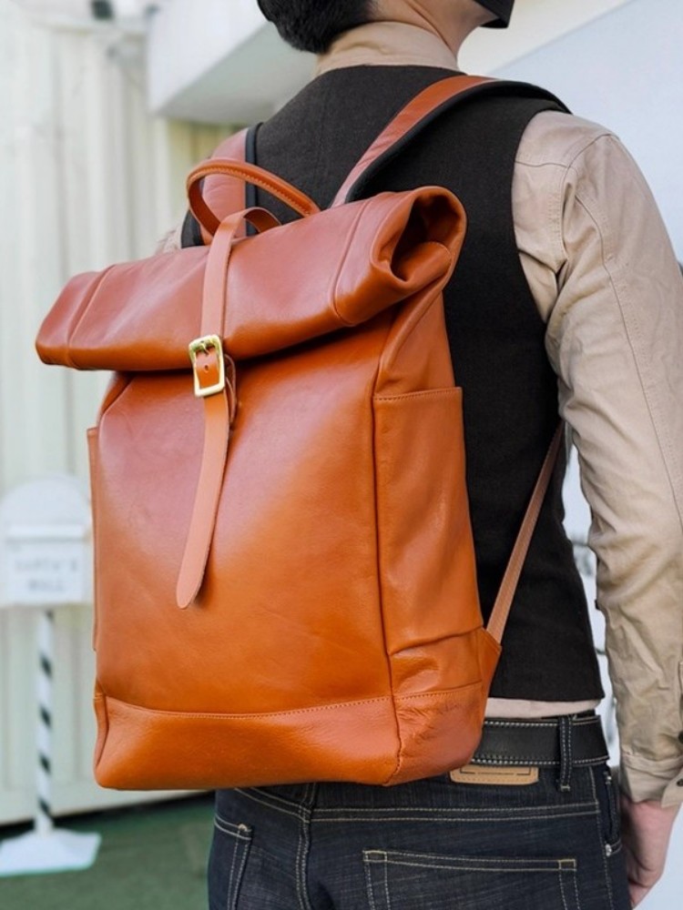 Large Capacity Mens Genuine Le - Leather Backpack Vintage avaliação e preço