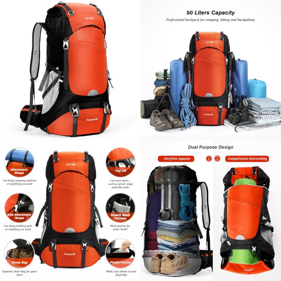 50L Hiking Backpack Travel Bag - Rain Cover Backpack avaliação e preço